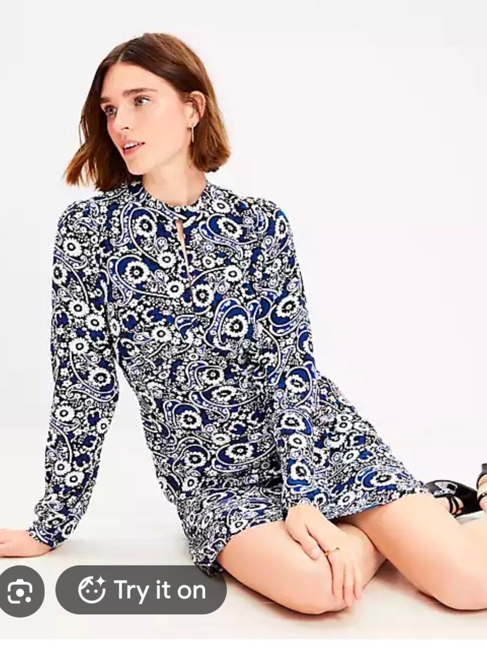 LOFT Viscose Navy & White Paisley Long-Sleeve Mini Dress Size 10